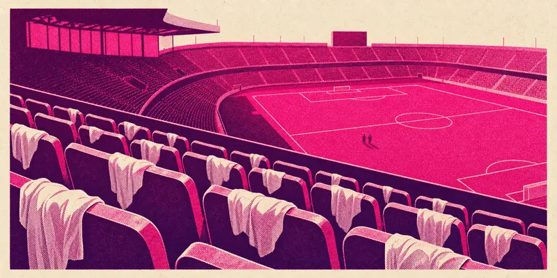 Illustration of empty stadium seats with white handkerchiefs draped over them, two small figures on the pitch below