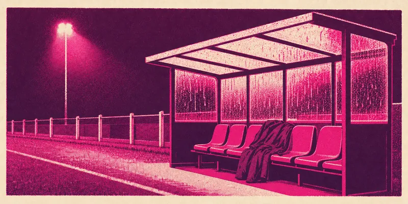 Illustration of an empty non-league dugout under floodlights, a coat left on the bench