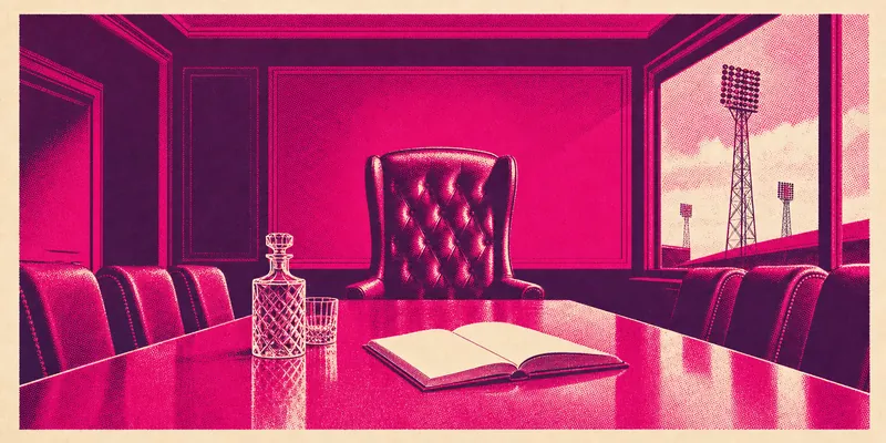 Illustration of an empty football club boardroom with a chairman's chair and an open ledger