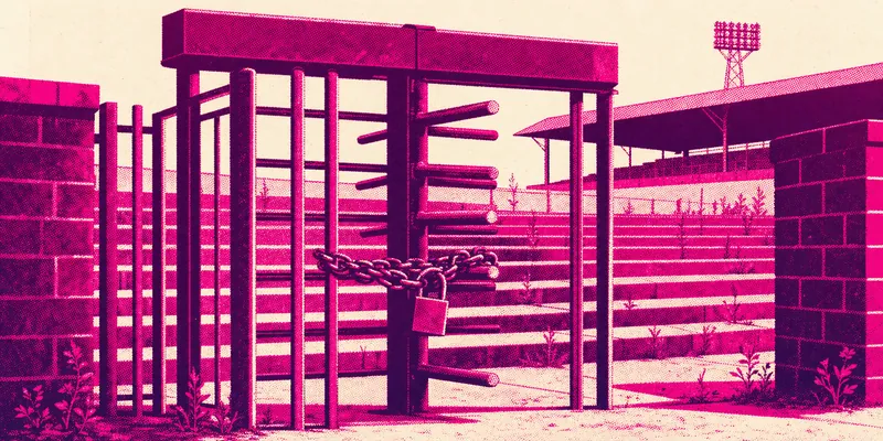 Illustration of padlocked turnstile gates at an old football ground