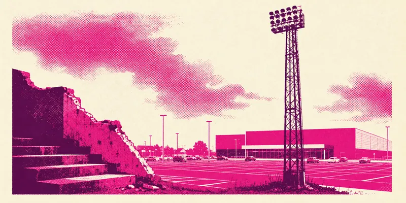 Illustration of a lone floodlight pylon beside a supermarket car park where a ground once stood