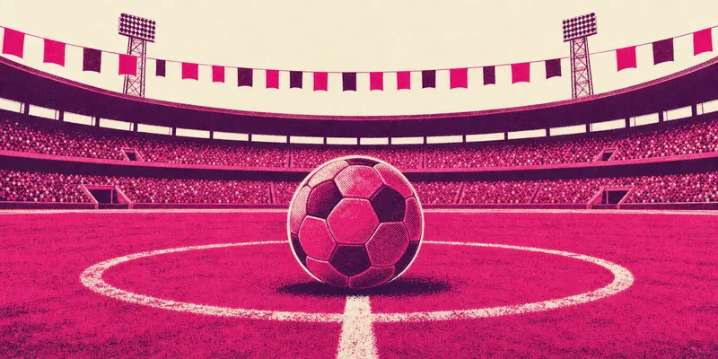 Illustration of a 1970s 32-panel football on the centre spot of an empty stadium